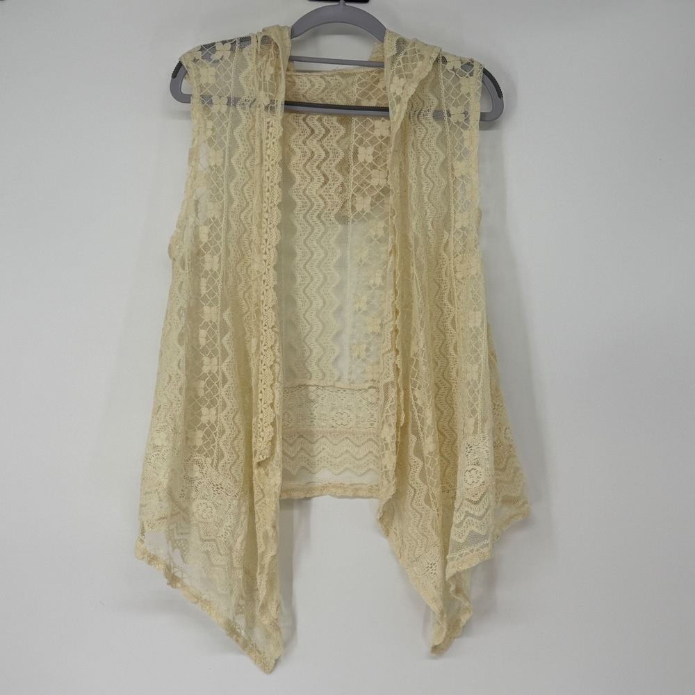 Boho Lace Vest Cardigan Hood Cream Sleeveless Draped Sheer Festival Layering